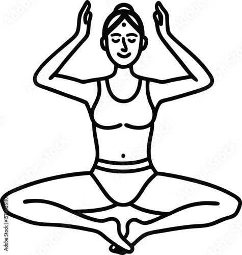 Serene Yoga in Silhouette: A minimalist outline of a woman in a lotus pose, arms gracefully raised, embodying tranquility and balance through yoga.