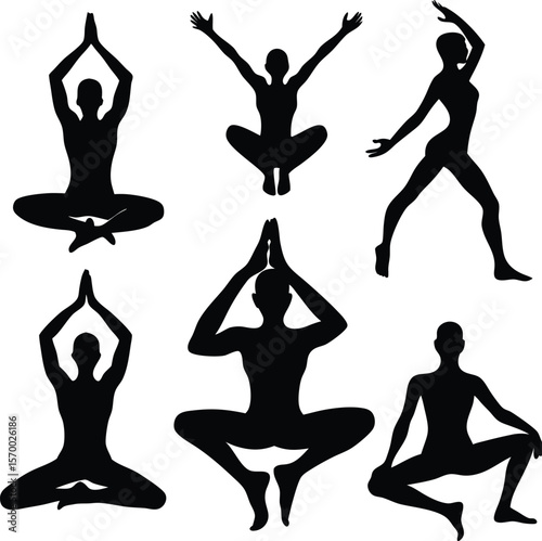 Yoga Poses Silhouette Collection: A collection of elegant black silhouettes depicting various yoga poses, promoting mindfulness, meditation, and the pursuit of physical and mental well-being.