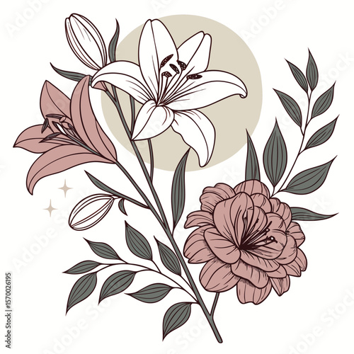 Detailed vector art of vintage style botanical flowers including lilies and peonies fine linework and flat muted colors like dusty rose sage green and cream symmetrical composition