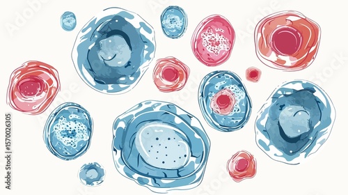 Microscopic view showcases abstract cells with watercolor hues for scientific and medical backgrounds in blue, pink, and red tones.