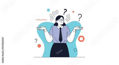 A woman stands looking confused with her hands raised in a gesture of uncertainty surrounded by question marks and abstract shapes