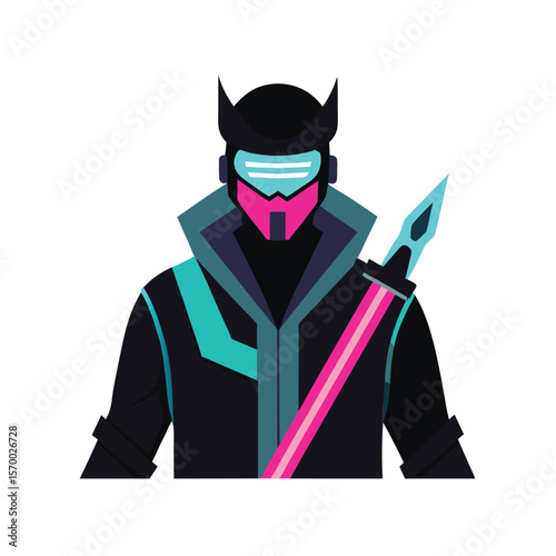 Futuristic cyber thief holding neon sword in tech outfit Vector illustration