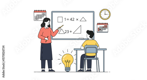 A dedicated teacher explaining complex mathematical equations to a student in a brightly lit classroom inspiring learning
