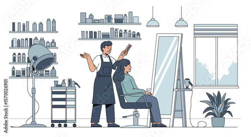 A professional hairdresser skillfully cuts and styles a client's hair in a modern salon environment during a daytime appointment