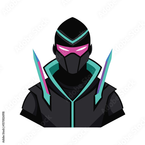 Cyberpunk thief with neon blade and glowing techno visor Vector illustration