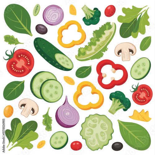 Colorful Fresh Vegetable Slices and Leaves Pattern
