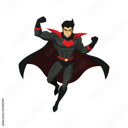 Strong superhero in dark suit soaring with fists forward Vector illustration