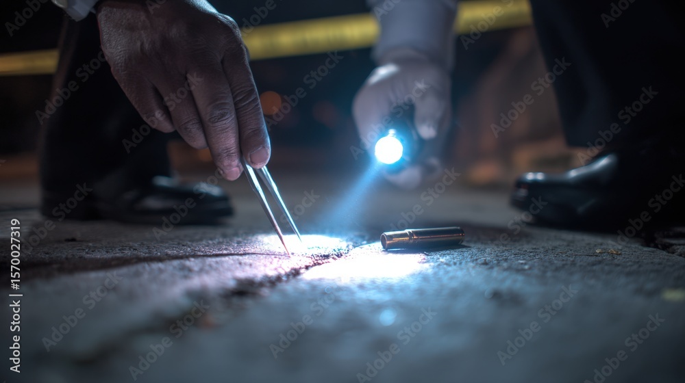 Fototapeta premium First-person View of Evidence Collection at Crime Scene with Shell Casing
