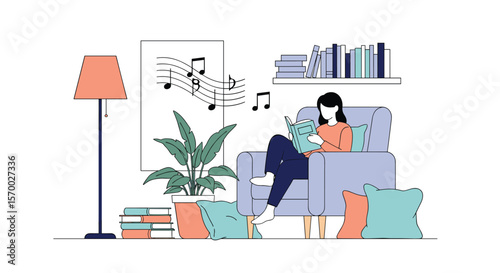 Enjoying a quiet afternoon reading a book with music playing softly in a comfortable living room setting