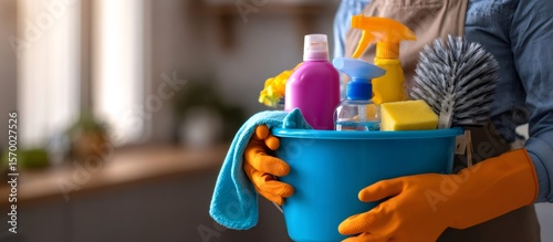 Cleaning lady holding bucket with cleaning products and equipment wearing orange gloves