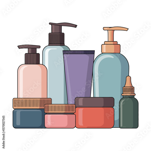 Various Colorful Cosmetic Bottles and Jars