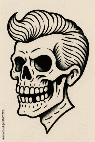 Stylized Skull with Pompadour Hairstyle: A striking black and white illustration blending mortality with retro aesthetics.