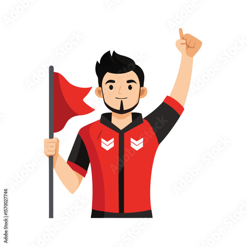 Champion gamer waving esports flag with proud expression Vector illustration