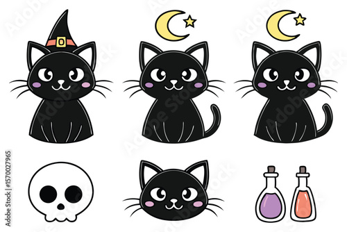 Cute black cats moon skull potions halloween cartoon witch hat