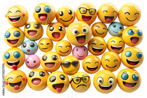 An array of diverse smiley faces and emoji icons exhibits various human emotions on a transparent background, expressing happiness.