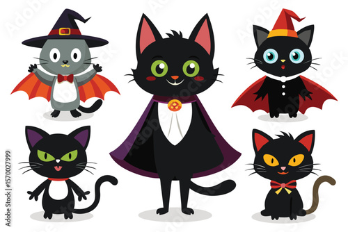 Playful Halloween cats in costumes black cats grey cat
