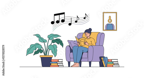 Person relaxing on sofa listening to music and reading books enjoying quiet time at home