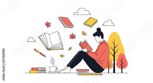 Young person reading a book surrounded by falling autumn leaves and flying pages enjoying a quiet afternoon learning