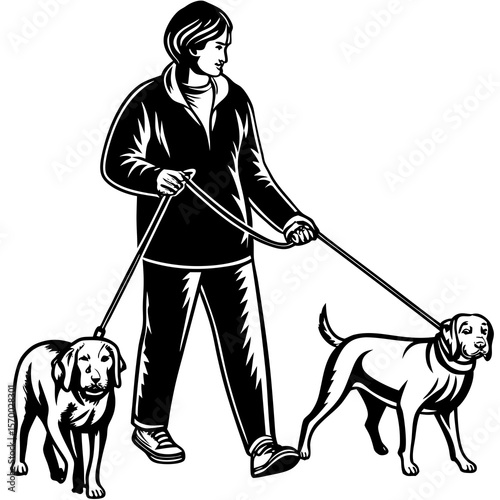 Black and white vector illustration of a person walking two dogs on leashes enjoying a sunny day out on a lovely dog walk.