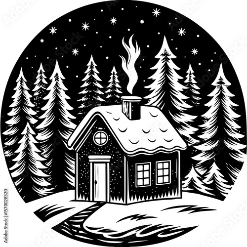 Black and white winter cabin scene in a circle featuring a cozy house snowflakes and evergreen trees for holiday decor.