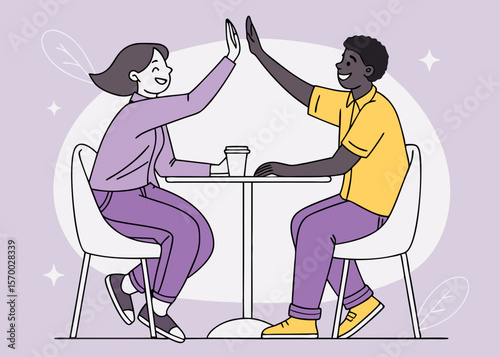Diverse friends celebrating success with a high five sharing coffee break together in a modern illustrated style