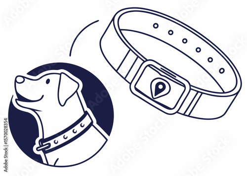 Dog gps tracker collar illustration depicting pet tracking device for pet safety and location awareness on white.