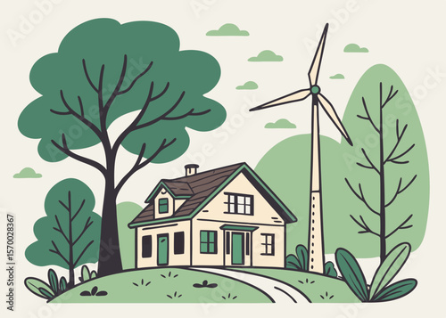 Eco-friendly home with wind turbine and lush greenery on a white background suitable for sustainable design concepts