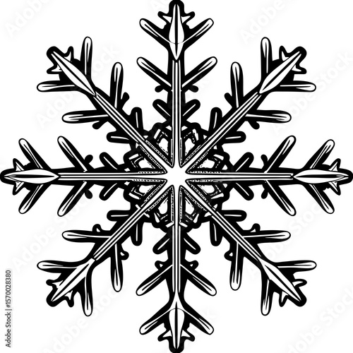 Elegant black and white snowflake vector illustration for winter holidays christmas and seasonal decorative designs on white background
