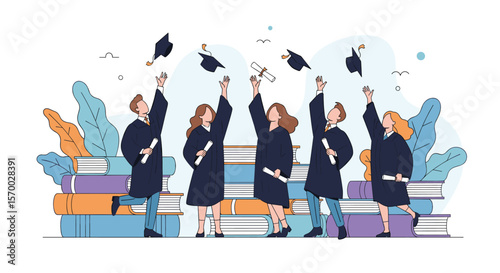 Young university graduates celebrating their academic achievements tossing their caps in the air with pride and joy surrounded by books representing knowledge and learning