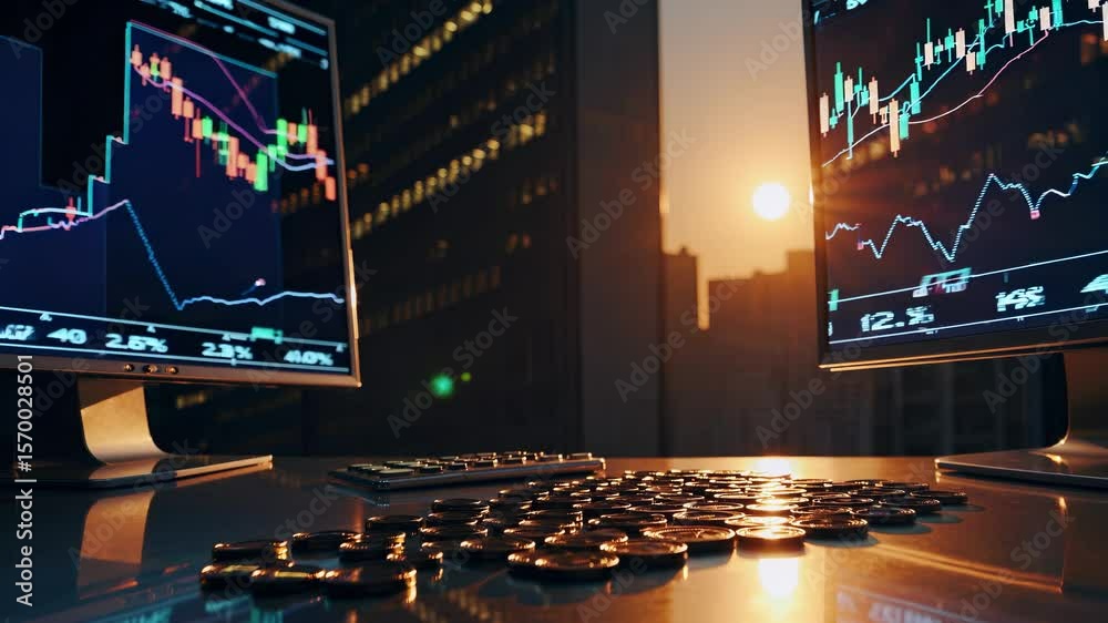 Golden coins stacked on desk during sunset. Reflections coins and screens show digital chart and trading lines. Crypto finance focus. Bitcoin trading and coins investment. Market chart finance crypto
