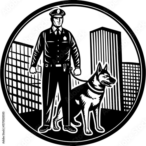 Police officer and k9 dog illustration in black and white set in a circular frame with buildings suggesting urban law enforcement