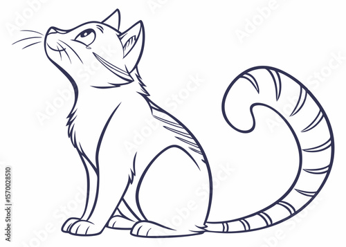 Playful contour illustration of a contemplative cat looking upward with a curled tail on a transparent background