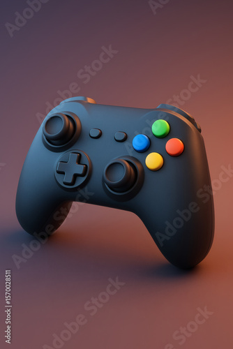 Close up view of a generic video game controller with colored buttons, joysticks, and a directional pad against a reddish brown background.