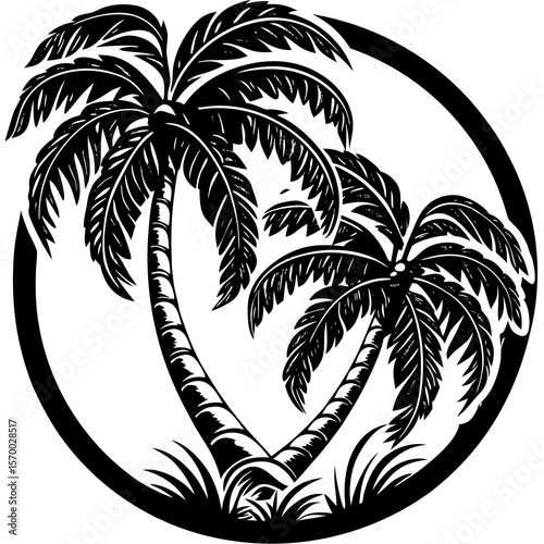 Striking black and white illustration depicting two elegant palm trees nestled within a circular frame conveying tropical vibes.
