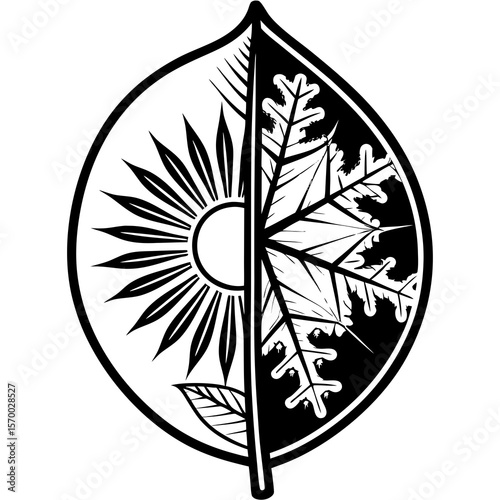 Symbolic illustration of seasons concept depicting summer and winter within a single leaf shape vector design