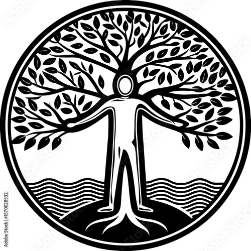 The tree of life human form symbol within a circle black and white illustration of nature and spirituality.