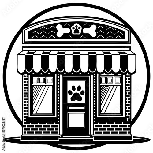 Vector illustration of a stylized pet shop exterior with paw print on the door and circular frame in black and white.