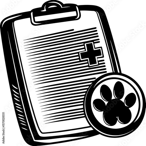 Veterinary clinic illustration featuring a clipboard with medical cross symbol and a paw print design representing animal healthcare