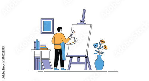 An artist in an art studio painting a colorful landscape on a canvas using brushes and an easel