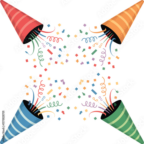Colorful Party Hats with Confetti Exploding