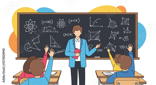 Engaging elementary school classroom scene with teacher and students raising hands during a lesson on a white background