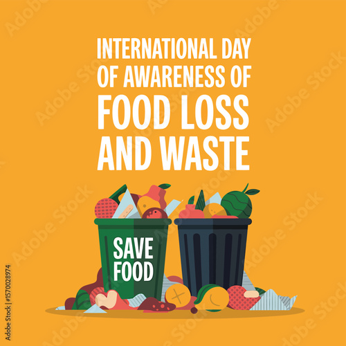International Day of Awareness of Food Loss and Waste Vector Illustration, Featuring Overflowing Trash Bins, Promoting Food Conservation and Reduction of Environmental Impact on Orange Backdrop