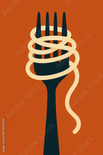 Stylized depiction of pasta on a fork set against an orange backdrop, highlighting the textures and simplicity of the dish.