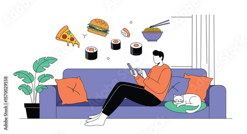 Modern man relaxing on a couch using his smartphone surrounded by floating food items representing home delivery and online ordering