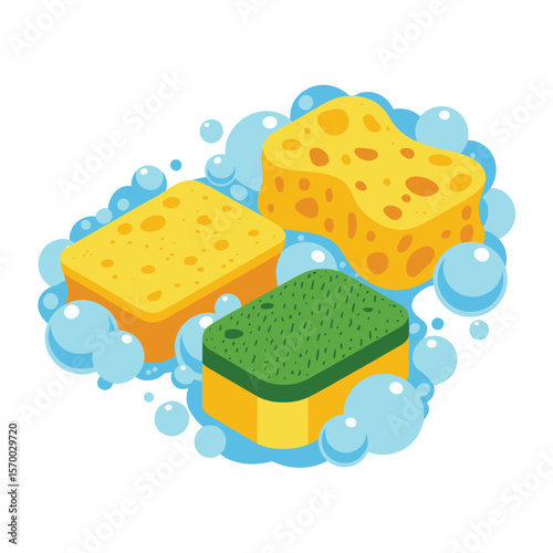 Two Colorful Sponges in Soap Suds with Bubbles