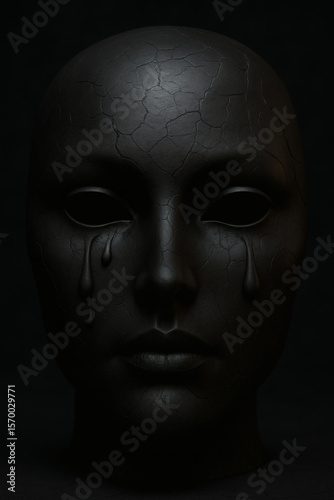 Cracked, dark figure with tear-like droplets expresses pain and fragility in this evocative, abstract portrait of emotional distress.