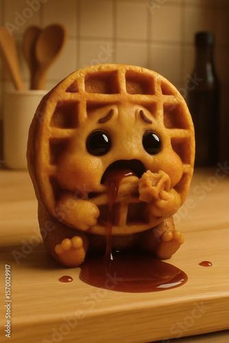 Waffle character dripping syrup and eating itself with a sad expression on a kitchen counter, featuring a tile backsplash.