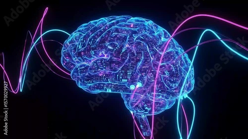 Neon Brain Digital Mind, Circuitry, Dark Background, AI Concept