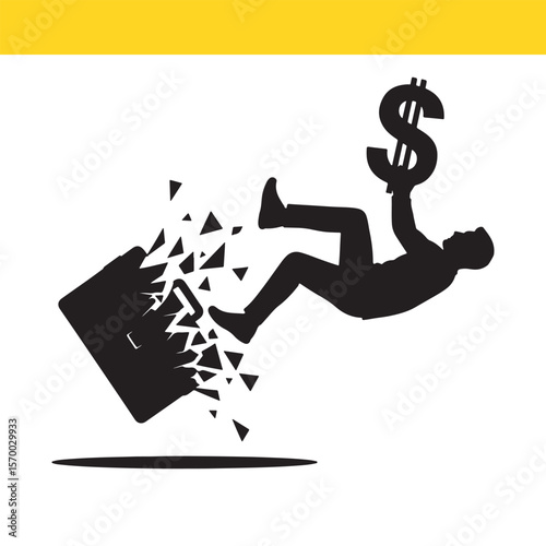 Financial Crisis Man Falling with Shattered Briefcase and Dollar Sign