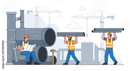 Skilled workers in hard hats and safety vests collaborating on a construction project with large pipes and cranes in the background